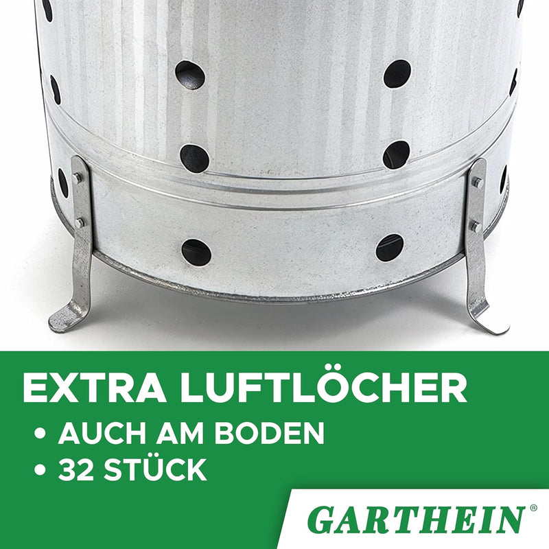GARTHEIN - 90 Liter Grosse Feuertonne für den Gartenabfall mit Deckel in Silber, Metallfass verzinkt