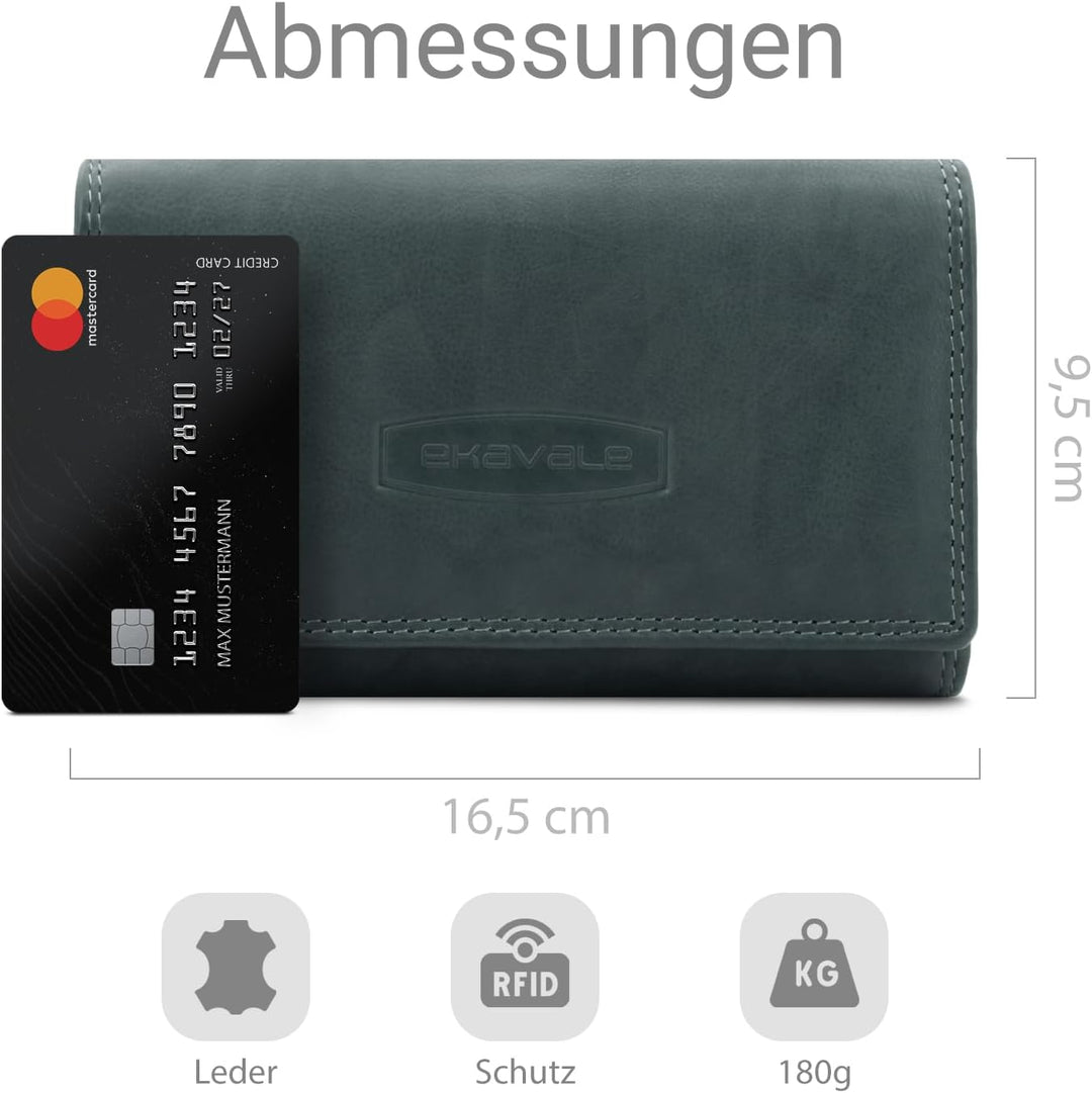 ekavale Damen-geldbörse XXL aus Rindsleder mit RFID Leder-Geldbörse mit vielen Fächern für Frau Blau