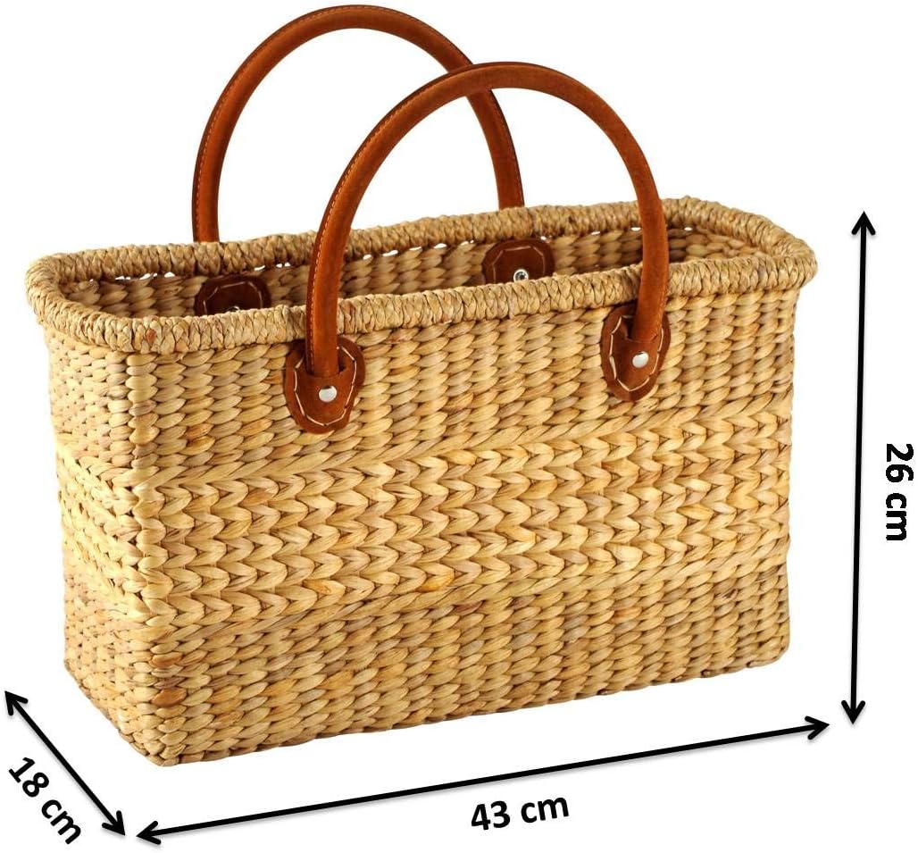 Kobolo Tasche Korbtasche geflochten aus Wasserhyazinthe - Lederhenkel - 43x18x26