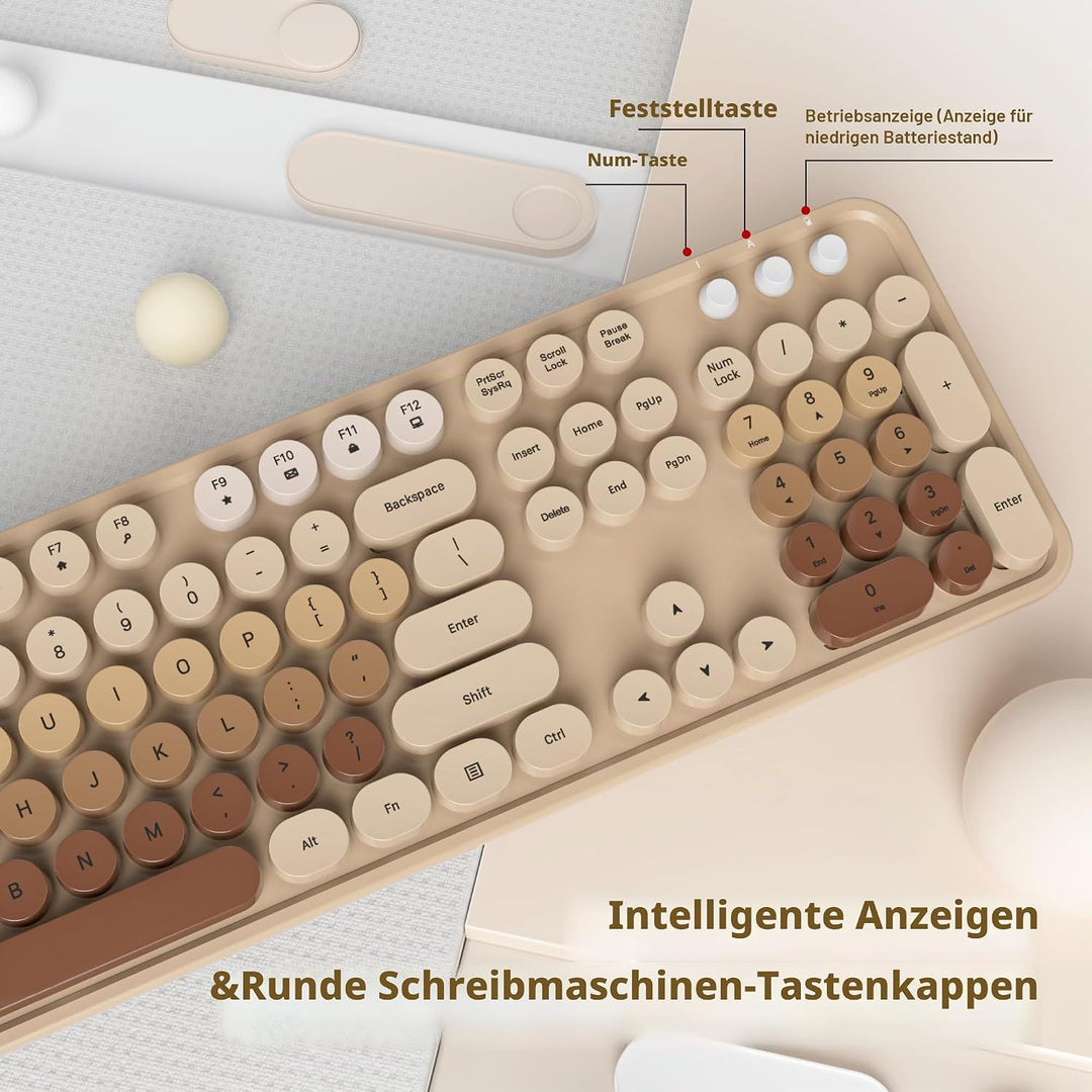 SOLIDEE kabellose Tastatur- und Maus-Kombination,Retro-Schreibmaschinen-Tastatur,2.4GHz runde Tasten