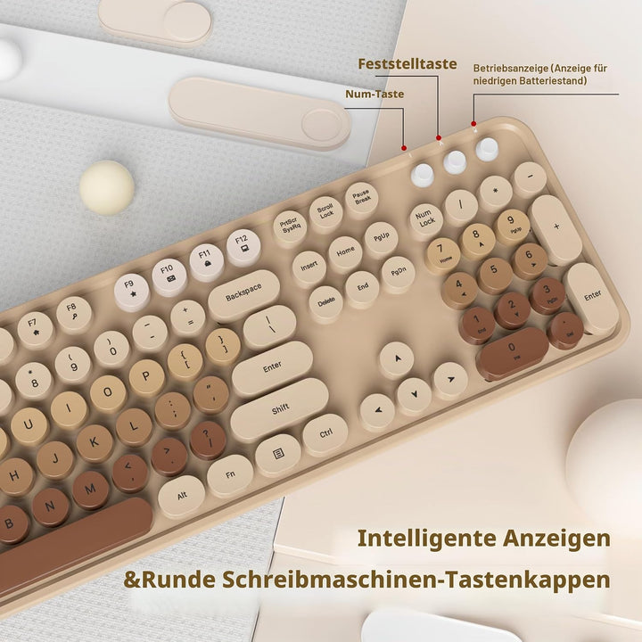 SOLIDEE kabellose Tastatur- und Maus-Kombination,Retro-Schreibmaschinen-Tastatur,2.4GHz runde Tasten