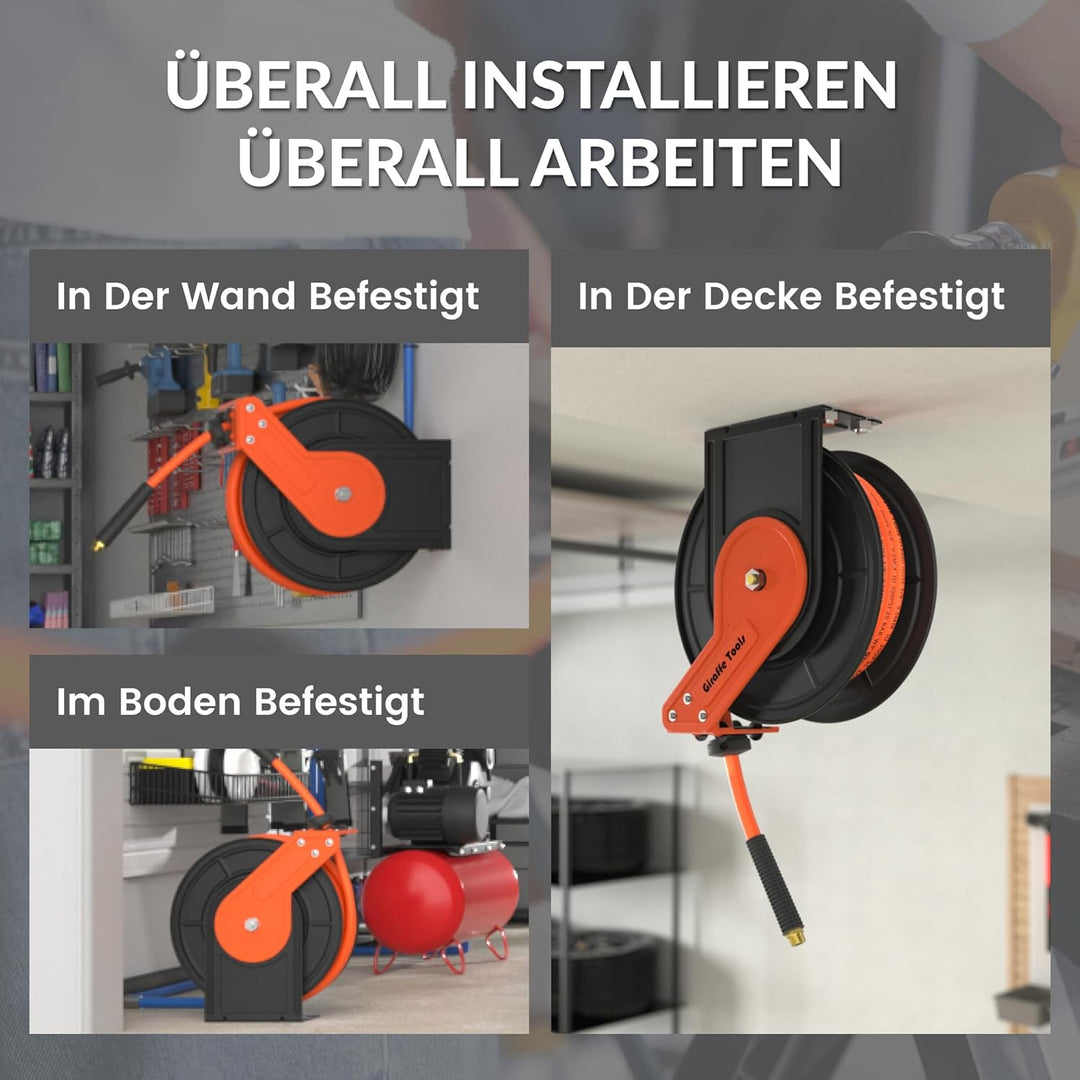 Giraffe Tools Druckluftschlauchtrommel 15M Automatik-Aufroller, 1/4" Anschluss, 3/8" Schlauch (Ø 9,5
