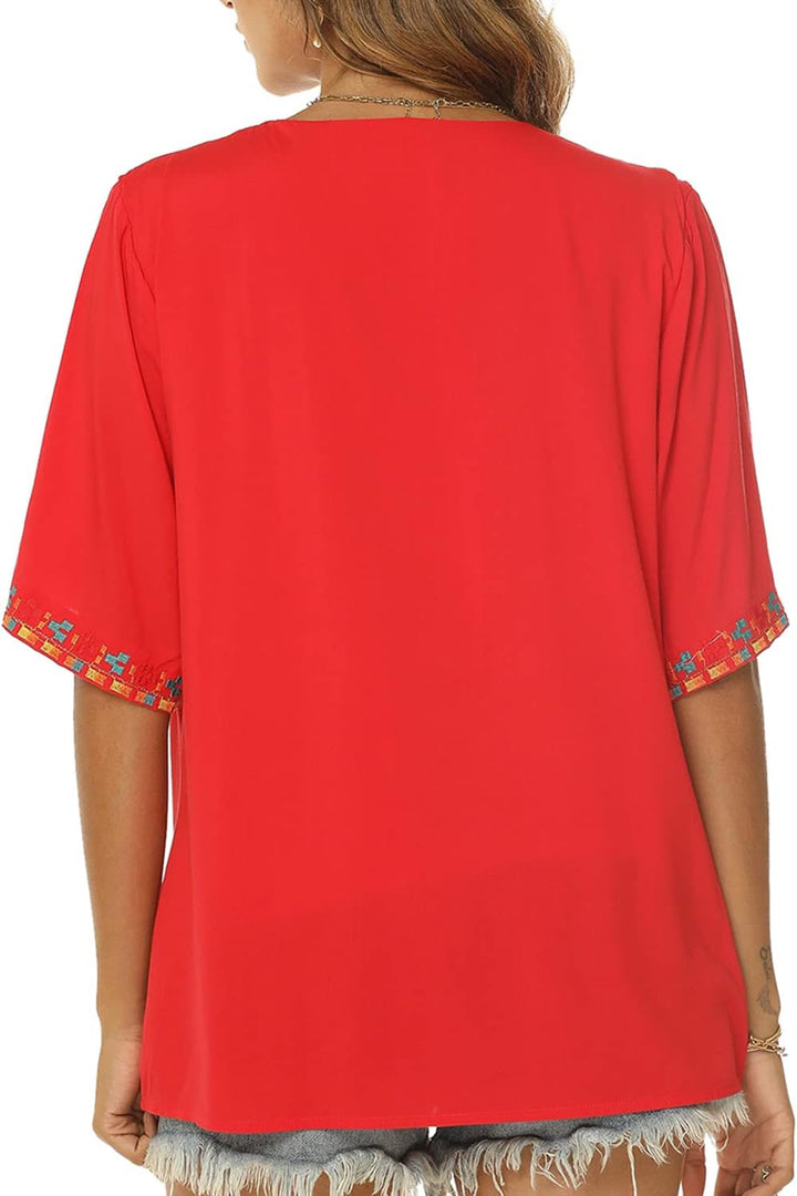Seasonal Tunika Damen Sommer Boho Bluse Folklore Stickerei Oberteil Trachten Hippie Kleidung Kurzarm
