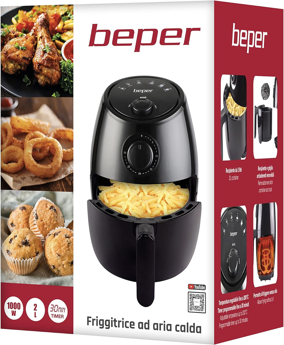 BEPER P101FRI001 Heissluftfritteuse, ölfrei, Timer und Temperatur einstellbar, abnehmbarer Behälter