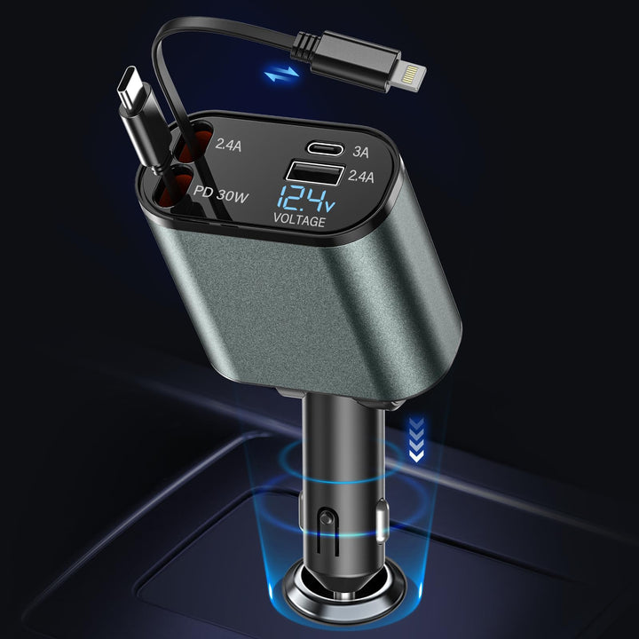 Auto Ladegerät Zigarettenanzünder USB C 4in1 56W, KFZ Ladegerät mit 2 einziehbaren Kabeln(Type C, Li