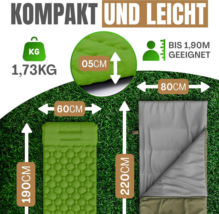 Schlafsack mit integrierbarer Isomatte &amp; Fusspumpe – Outdoor Set für Festival, Trekking und 3-Jahres