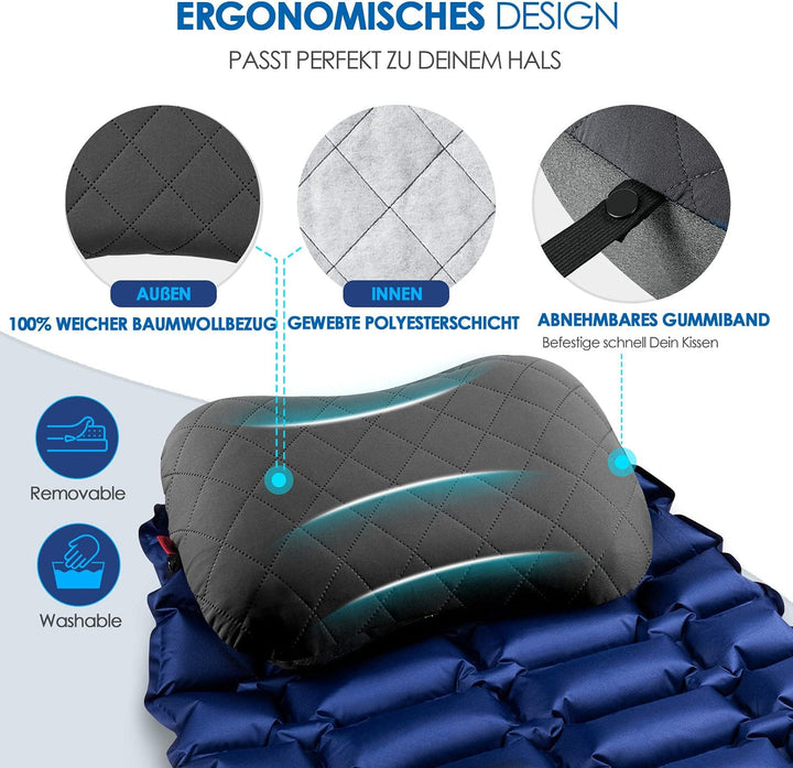 HIKENTURE Aufblasbares Camping/Reise Kissen mit Abziehbarem Kissenbezug, Ergonomisches Kopfkissen, K