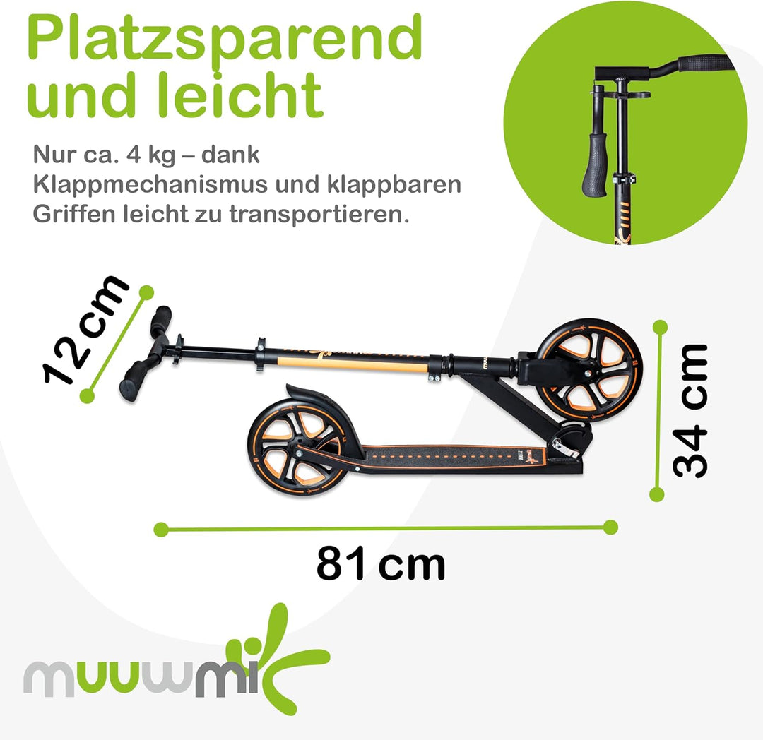 muuwmi Aluminium Scooter Pro – Tretroller, 215 mm, ABEC 7, für Kinder und Erwachsene, GS-geprüft, hö