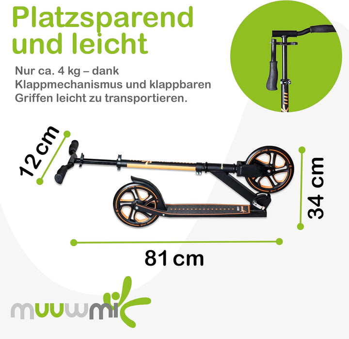 muuwmi Aluminium Scooter Pro – Tretroller, 215 mm, ABEC 7, für Kinder und Erwachsene, GS-geprüft, hö