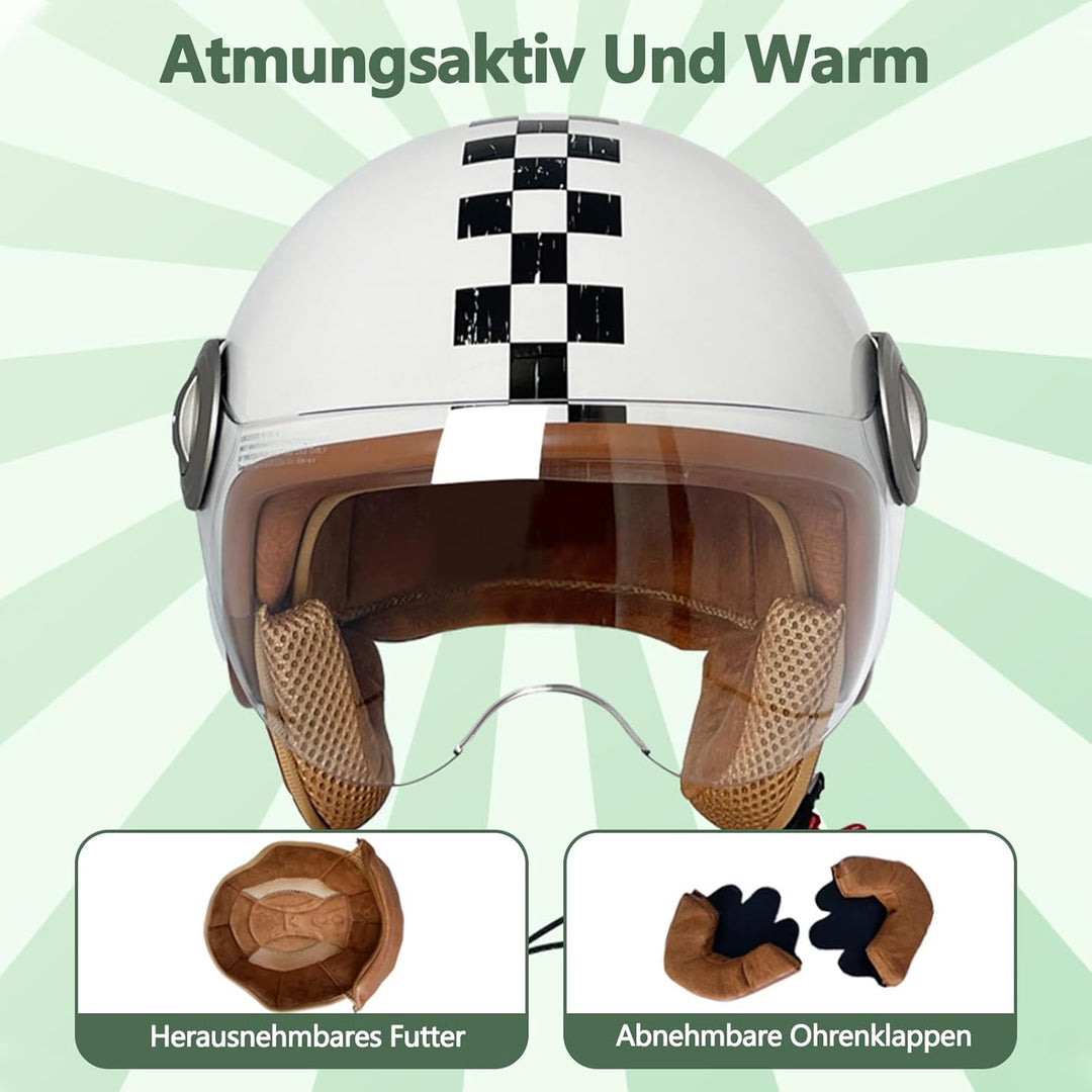 BOSERMEM Erwachsenen Harley Motorradhelm Scooter-Helm, Mode Halboffener Helm Mit Schutzbrille, Hat D