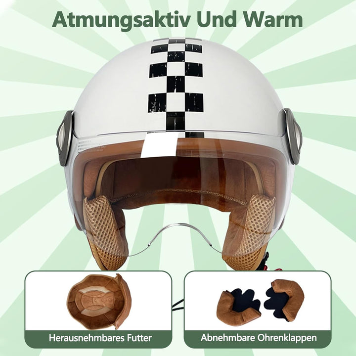 BOSERMEM Erwachsenen Harley Motorradhelm Scooter-Helm, Mode Halboffener Helm Mit Schutzbrille, Hat D