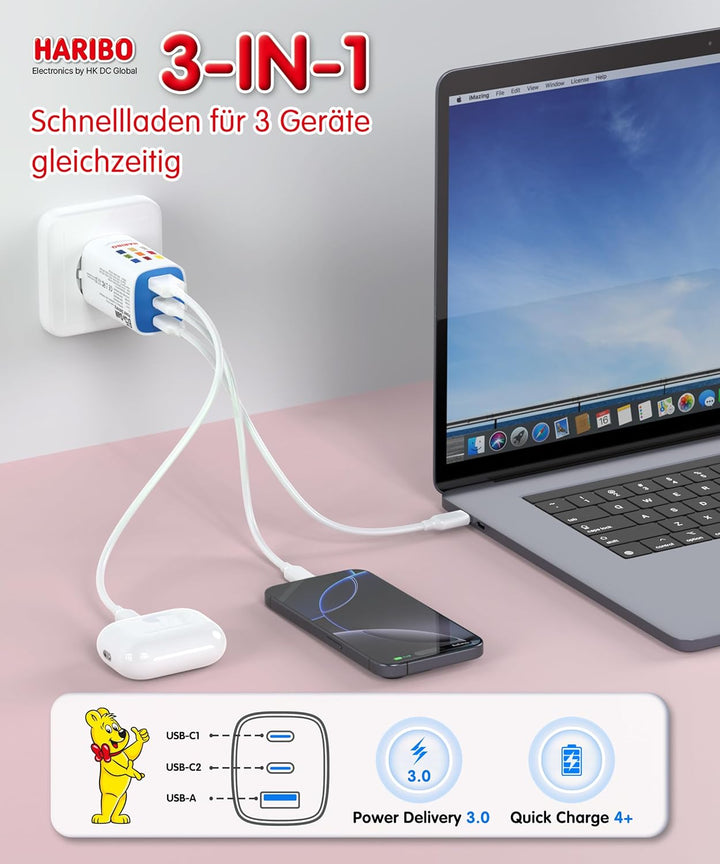 HARIBO USB C Ladegerät 65W 3-Port USB-C Netzteil Schnellladegerät PD PPS kompatibel mit MacBook, für