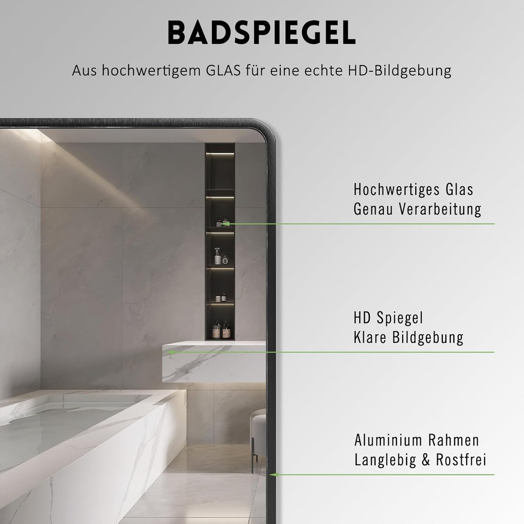 Spiegel Schwarz 40x60 cm Rechteckiger Wandspiegel Abgerundete Ecken Wandmontage Edelstahl Kosmetiksp