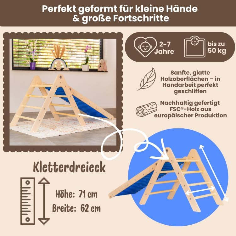 WoodsCraft - Indoor &amp; Outdoor Kletterset: Rutsche [120 cm] mit Kletterdreieck | Kinderrutsche-Rollen