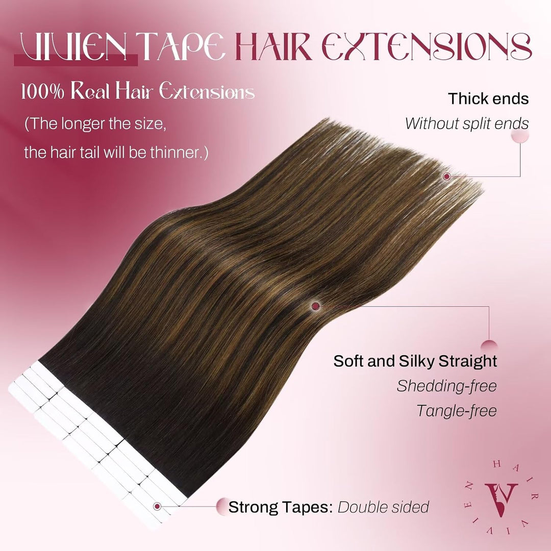 Vivien Extensions Echthaar Tape Braun Balayage 60cm Echthaar Extensions Tape in Dunkelbraun bis Hell