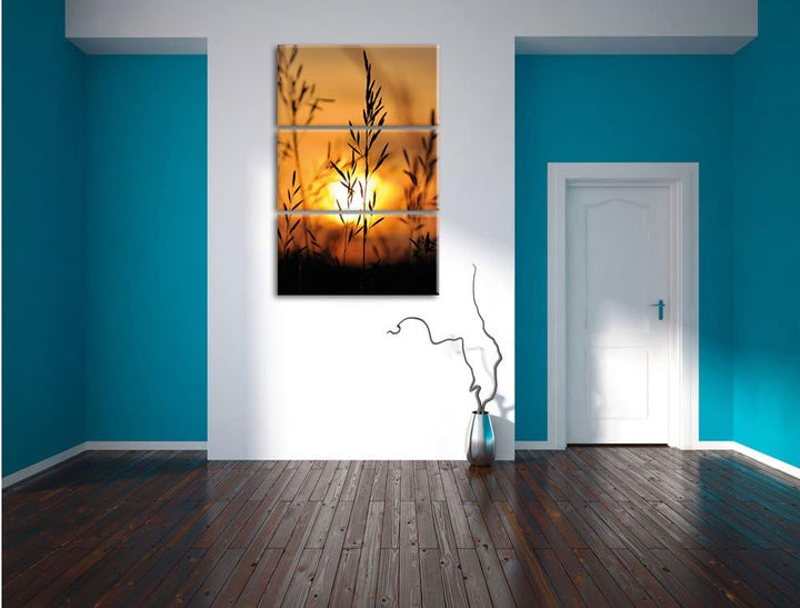 Pixxprint Gras bei Sonnenuntergang 3-Teiler Leinwandbild 120x80 Bild auf Leinwand