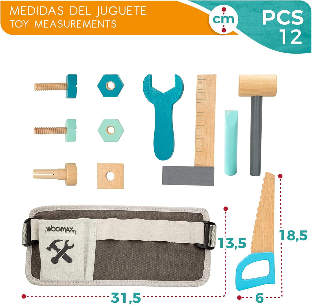 WOOMAX 49304 Werkzeuggürtel für Kinder, inklusive 12 Teilen, Kinderspielzeug aus Holz, Arbeit und Ba