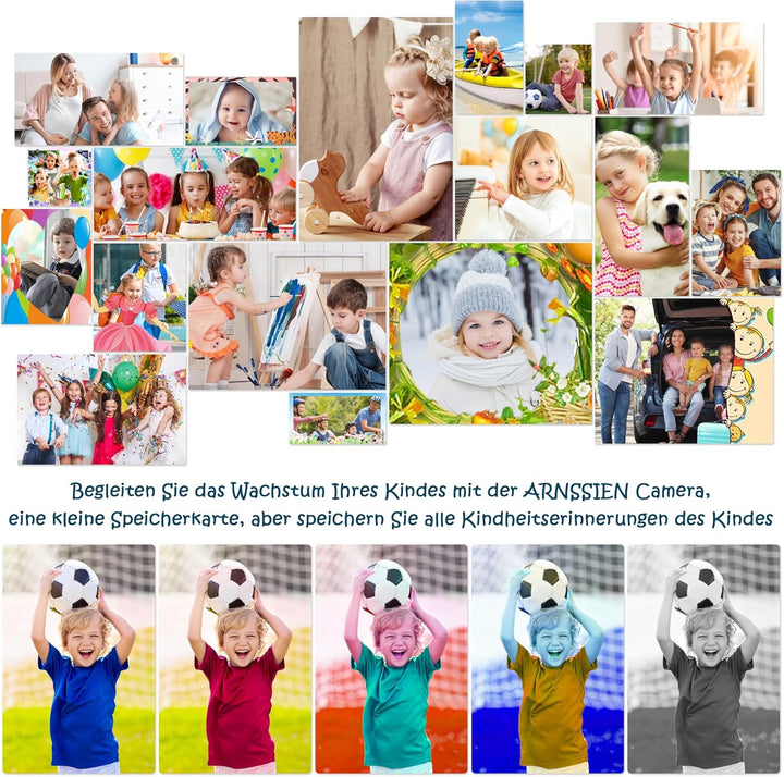 ARNSSIEN Kinderkamera, Digitalkamera Kinder mit HD IPS Bildschirm, 10 Denkspiele & Vollständiger Obj