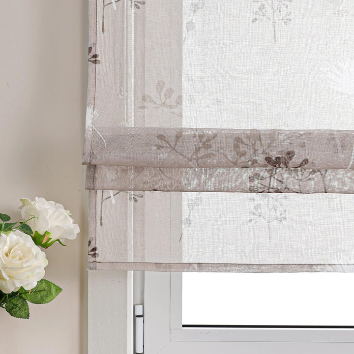 Delien Raffrollo Leinenoptik Transparente Rollos Landhaus Küche Gardine Modern Raffgardine mit Blume
