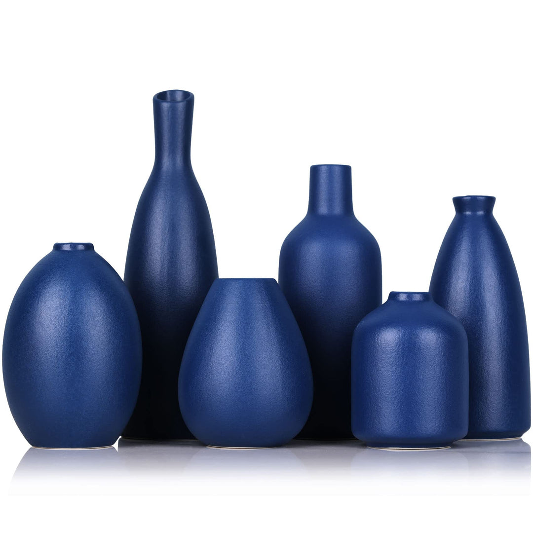 Blaue Keramik Knospen Vasen Set von 6, Bauernhaus Dekor, Kamindekor, Kaminsims & Regal Dekor, Heimde