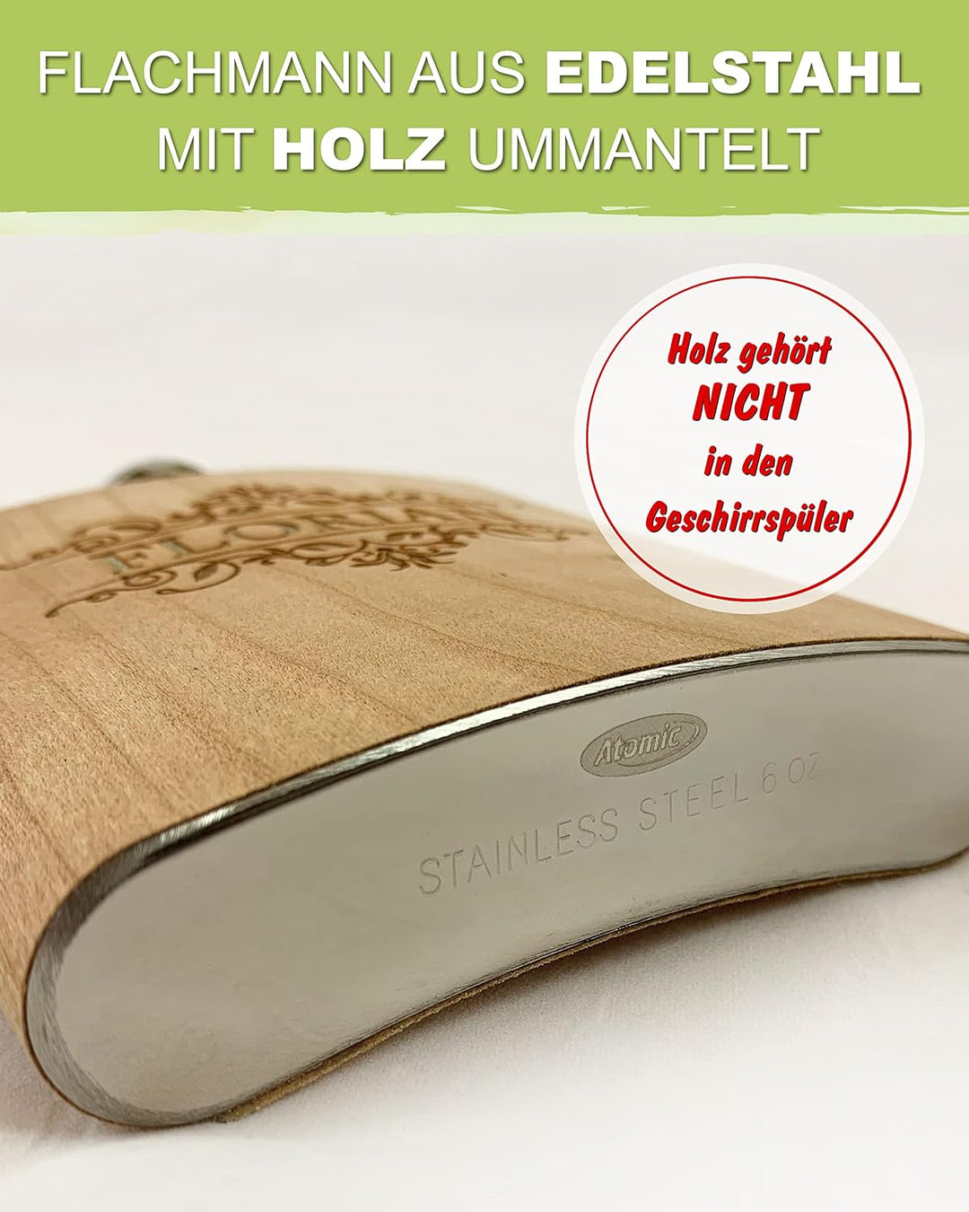 Holz Flachmann mit Name und Schnörkel graviert | Geschenkidee Vatertag Männertag | Gravur personalis