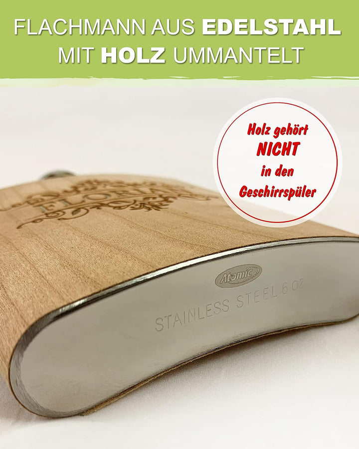 Holz Flachmann mit Name und Schnörkel graviert | Geschenkidee Vatertag Männertag | Gravur personalis