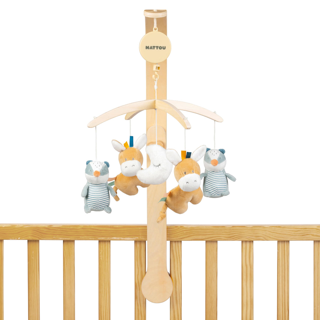 Nattou Mobile mit Spieluhr aus Holz und Polyester, Dachs und Esel, Sanftes Wiegelied La-Le-Lu, Felix