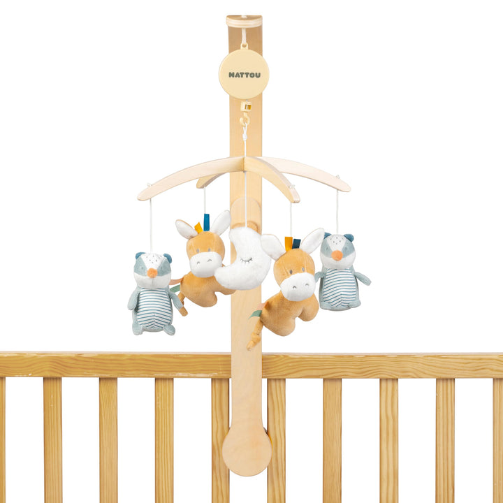 Nattou Mobile mit Spieluhr aus Holz und Polyester, Dachs und Esel, Sanftes Wiegelied La-Le-Lu, Felix