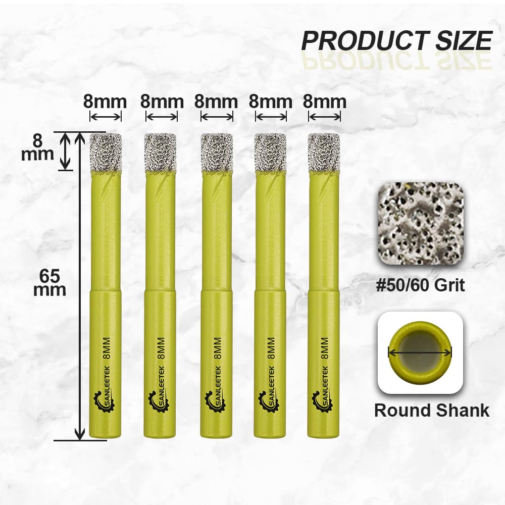 Trocken Diamant Bohrkrone 5 Stücke 8mm Fliesenbohrer mit Rundschaft für Marmor Granit Keramik Porzel