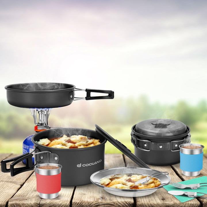 Odoland Kochgeschirr-Set mit Töpfen und Bratpfanne, zusammenklappbarer Besteckbecher, für 1-2 Person
