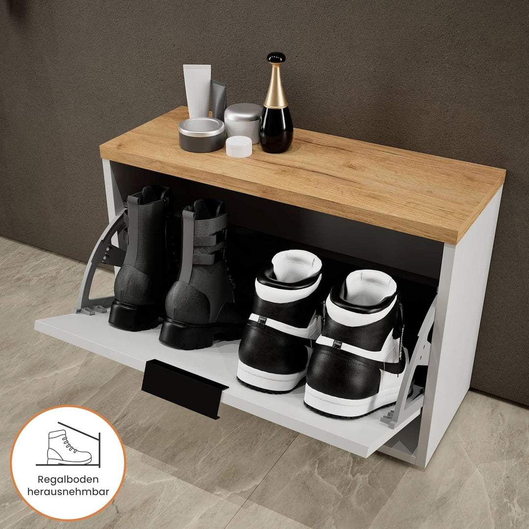 Planetmöbel Schuhschrank schmal mit 1 Klappe platzsparender Schuhregal mit 2 Ablagen, Schuhkommode f