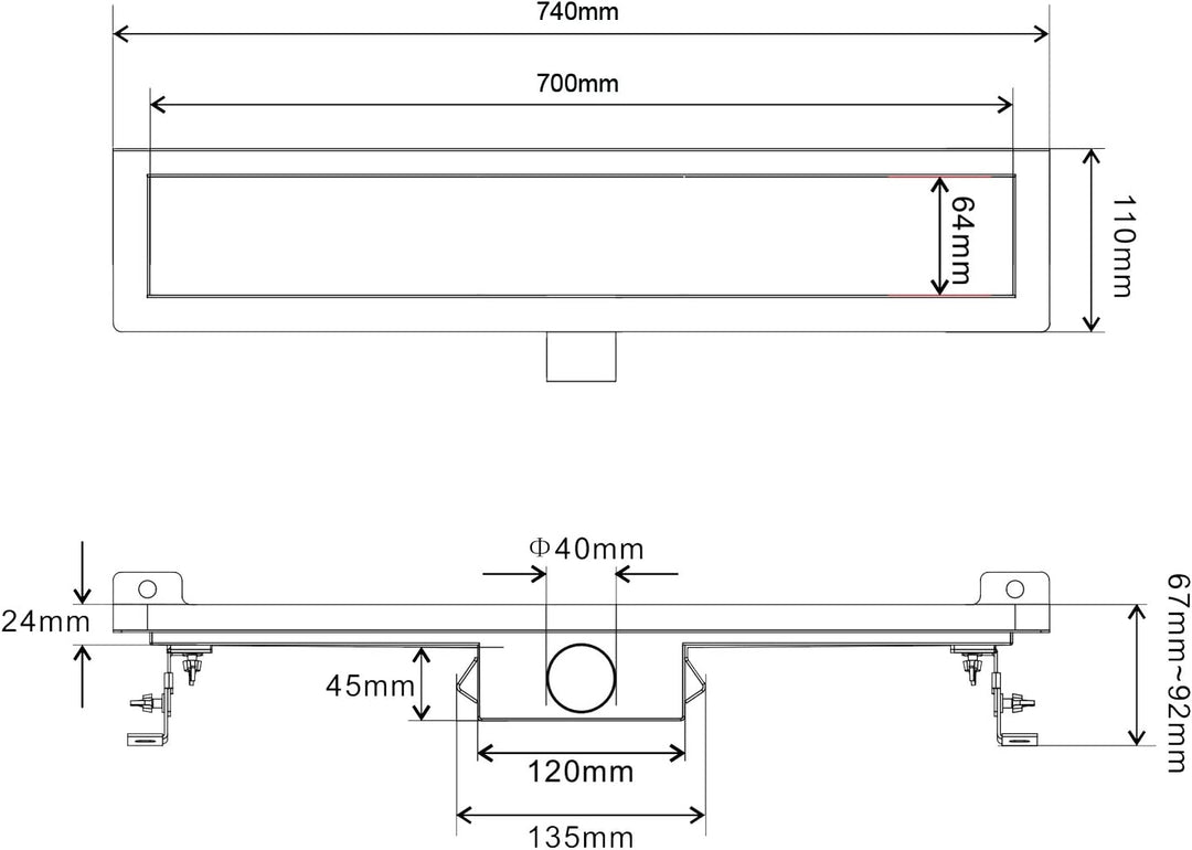 Elbe® Duschrinne 70 cm aus Edelstahl, 3-reihig-Schlitzm Muster, Duschablauf mit Siphon und Haarsieb,