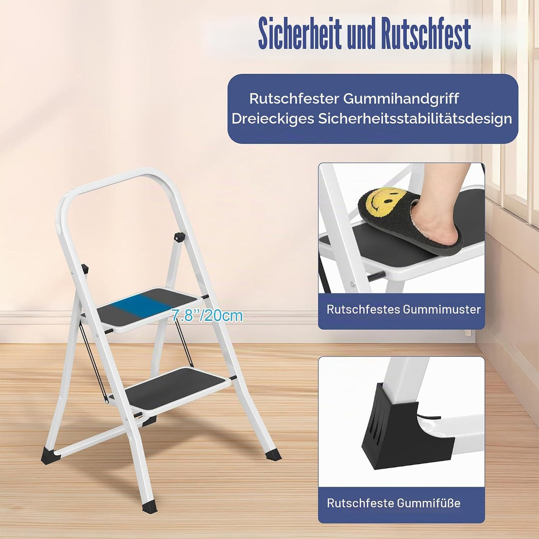Aufun Trittleiter 2 Stufen klappbar, Leitertritt Faltbare Leiter aus legiertem Stahl, mit rutschfest