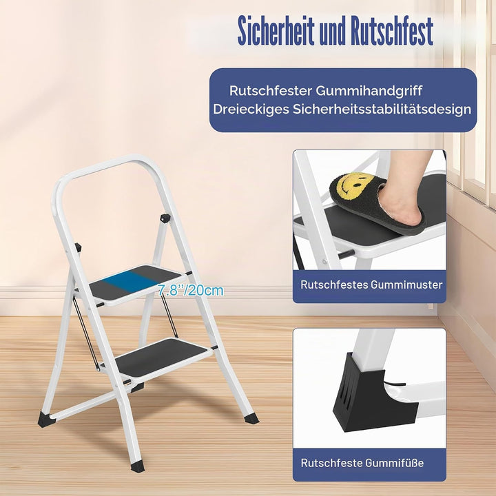 Aufun Trittleiter 2 Stufen klappbar, Leitertritt Faltbare Leiter aus legiertem Stahl, mit rutschfest