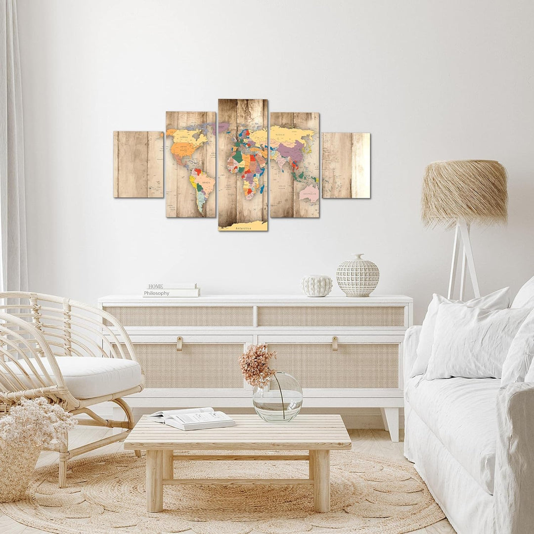 Runa Art Wandbilder Weltkarte Holz 5 Teilig Bild auf Vlies Leinwand Deko Büro Wohnzimmer Kontinente