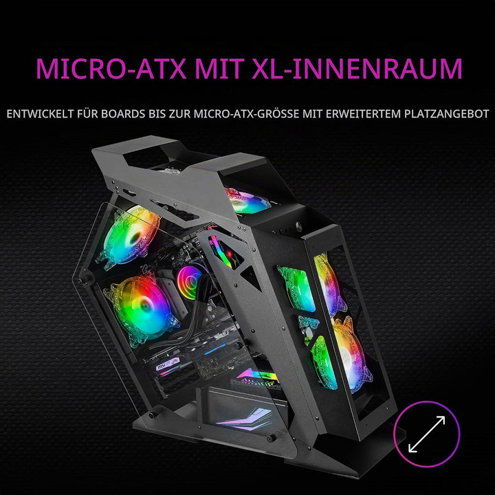 MarsGaming MC61 Schwarz, PC-Gehäuse Gaming Kompaktes Micro-ATX, 4 x 12cm Lüfter, ARGB Chroma, Dual T