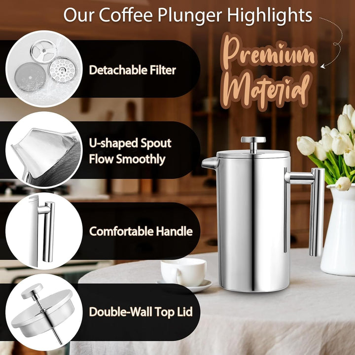 Kaffeebereiter French Press 1,5 Liter Kaffeezubereiter aus Edelstahl, Doppelwandig Isoliert French P