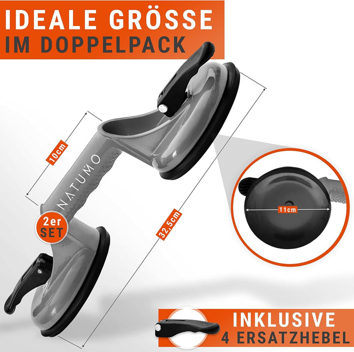 NATUMO® Saugheber [2er Set] - Glassauger mit 100kg Tragkraft - Vakuumheber mit ergonomischen & rutsc