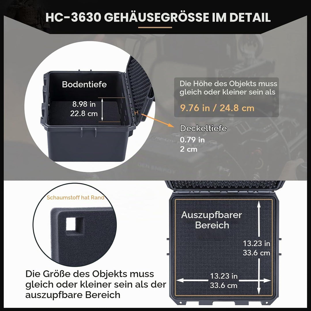 Lykus HC-3630 Wasserdicht Koffer mit anpassbar Rasterschaumstoff, Innengrösse 35,5x35,5x27 cm, Geeig