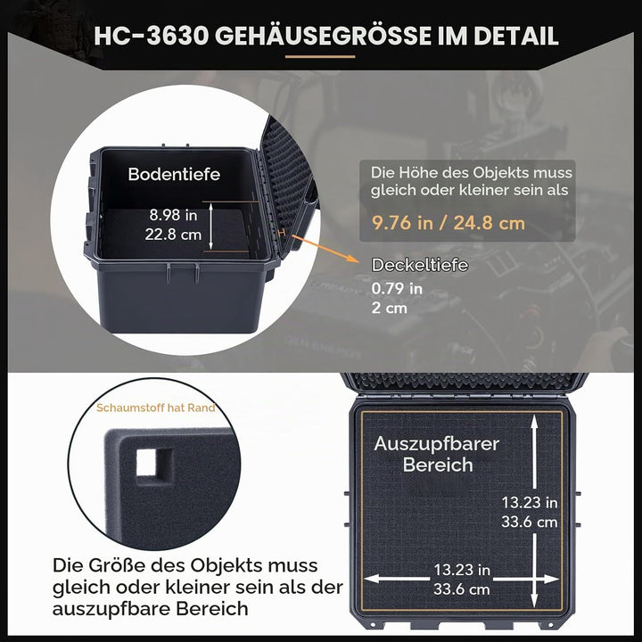 Lykus HC-3630 Wasserdicht Koffer mit anpassbar Rasterschaumstoff, Innengrösse 35,5x35,5x27 cm, Geeig