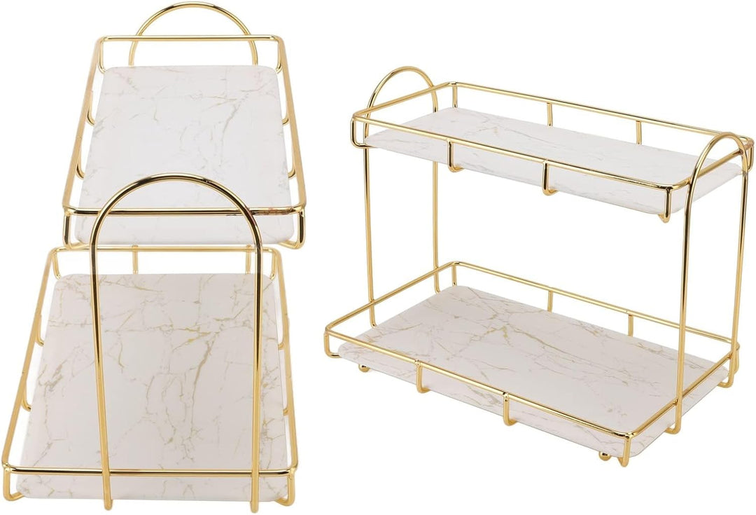 Bad-Organizer mit 2 Ebenen, Goldfarbenes Metall-Regal für Kosmetik & Parfüm, Wasserdichtes Tablett f