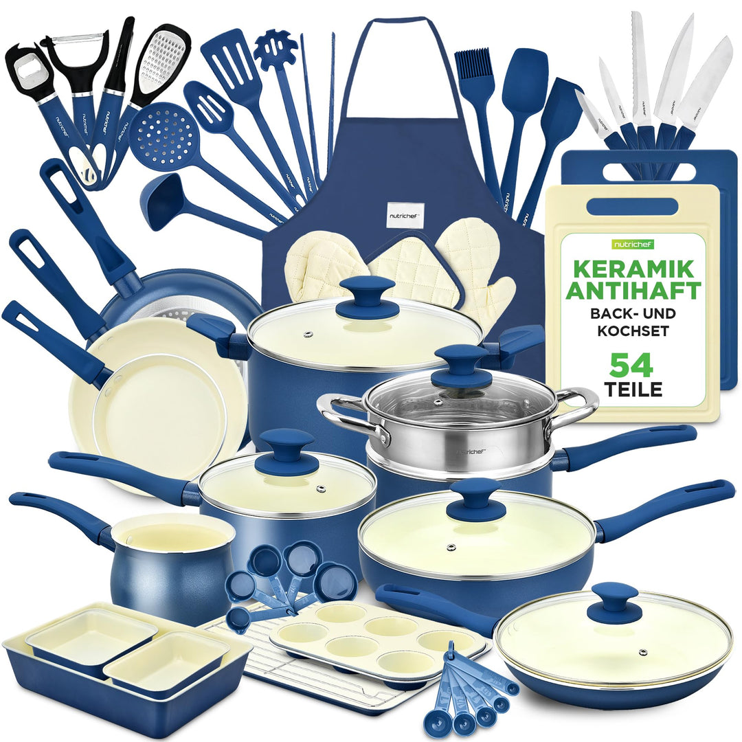 NutriChef Kochgeschirr Set 54-tlg – Pfannen, Töpfe, Küchenhelfer Blau– Mit Messer, Backformen, Zubeh