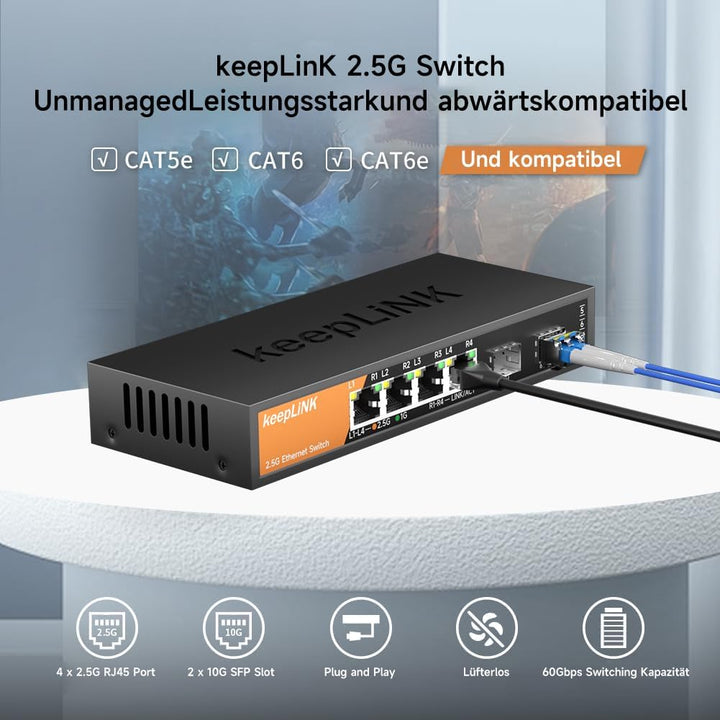 6-Port 2,5G Switch, Nicht verwaltet, 4 x 2,5GBASE-T-Ports und 2 x 10GBASE-T-SFP-Steckplätze, 60 Gbit