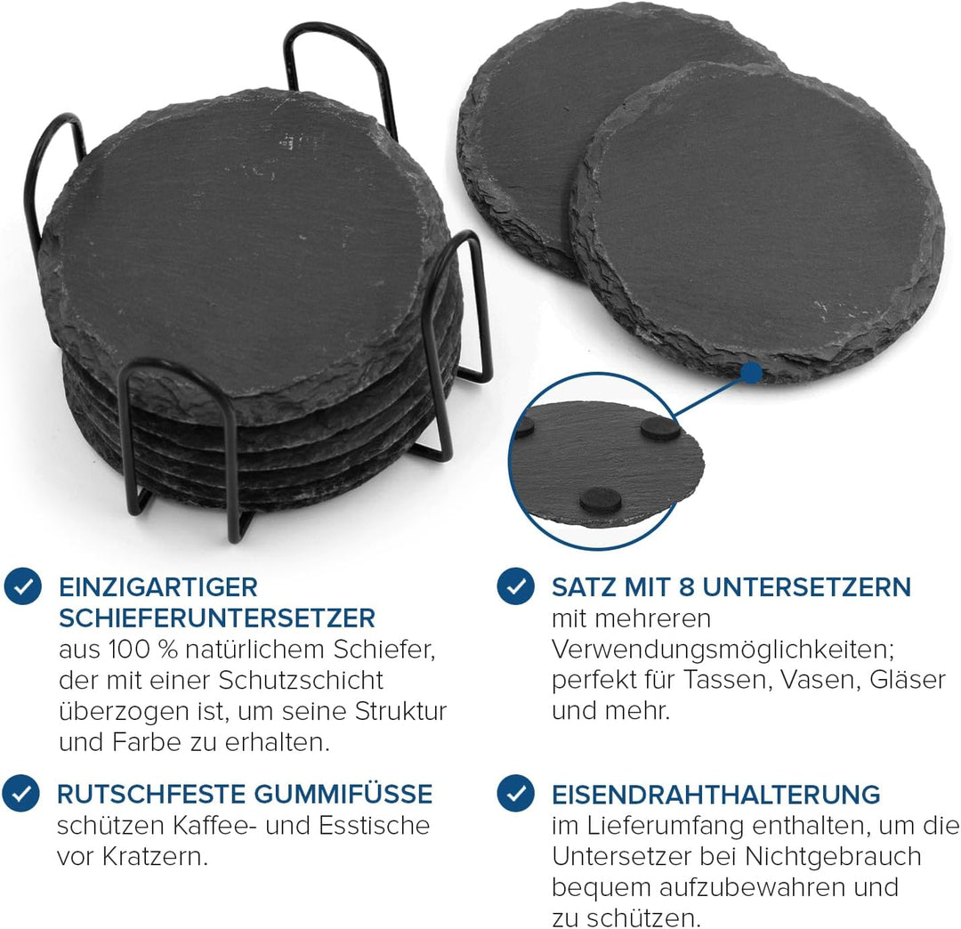 Joejis Schiefer-Untersetzer Set von 8 - Premium Schwarze Getränkeuntersetzer mit stilvollem Halter,