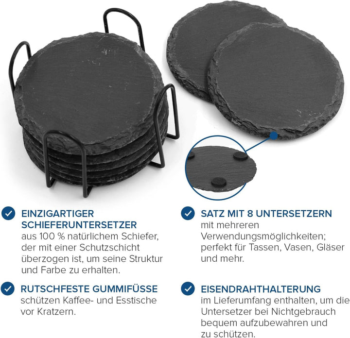 Joejis Schiefer-Untersetzer Set von 8 - Premium Schwarze Getränkeuntersetzer mit stilvollem Halter,