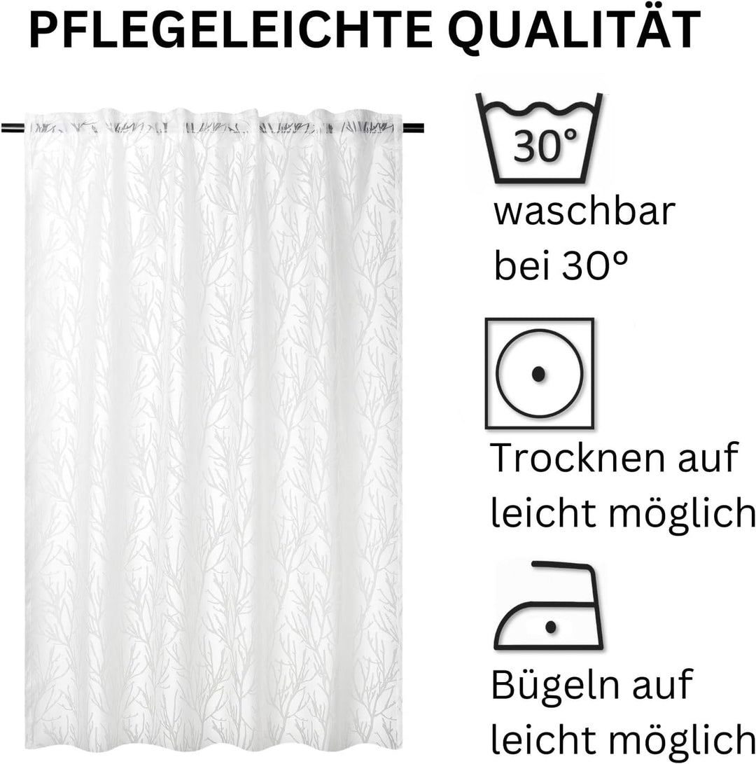 Moon 2er Pack Vorhang Ronny Gardine, Schlaufenvorhang ca. 260x140 cm mit Ausbrenner Äste Motiv - wei