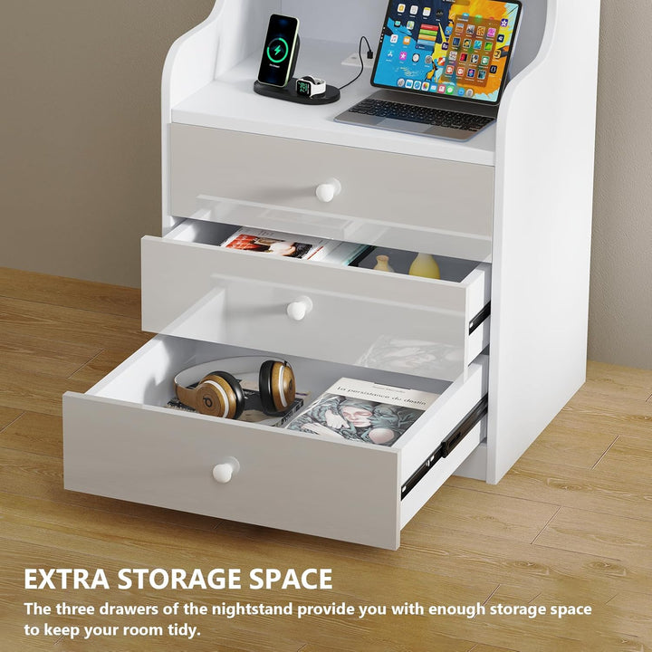 PIPIPOXER Nachttisch Weiss 2er Set Nachttisch mit Steckdose & USB, Nachttisch Weiss Hochglanz mit 3