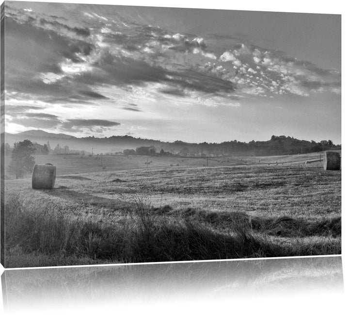 Feld mit Heuballen schwarz/weiss Format: 100x70 auf Leinwand, XXL riesige Bilder fertig gerahmt mit