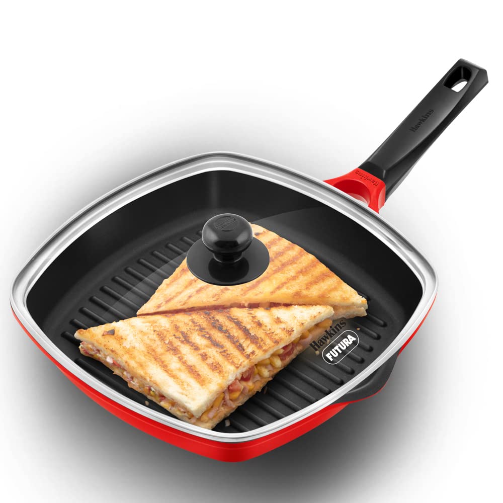 HAWKINS DCGP30G Grillpfanne mit Glasdeckel, 30 cm, Rot, Glasdeckel