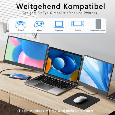 Tragbarer Monitor für Laptop, 14’’ Triple Laptop Screen Extender, FHD 1080p Portable Monitor Bildsch